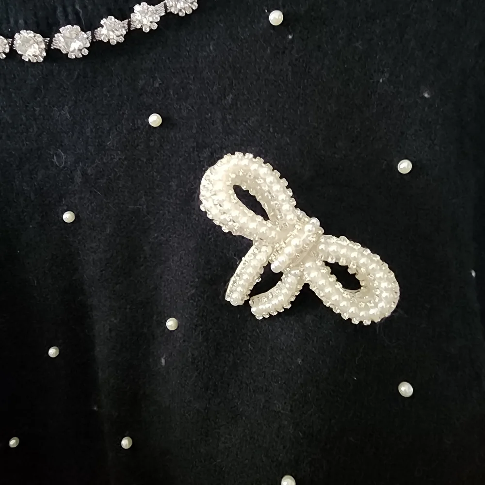 Elegant Black Sweater with Crystal And Pearl Accents - Picture 2 of 4